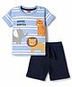 Kookie Kids Single Jersey Knit Half Sleeves Striped T-Shirt & Shorts Set With Animal Print - Blue