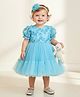 Many frocks & Net Woven Half Puffed Sleeves Floral Applique Detailed Dress - Blue