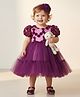 Many frocks & Net Woven Half Puffed Sleeves Floral Applique Detailed Dress - Purple