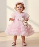 Many frocks & Net Woven Half Puffed Sleeves Pearl Embellished Floral Embroidered & Applique Detailed Dress - Pink