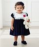 Many frocks & Velvet Woven Cap Sleeves Lace Embellished Floral Applique Detailed Colour Blocked Dress - Blue