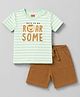 Kookie Kids Interlock  Knit Half Sleeves Striped T-Shirt & Shorts Set With Animal Print - Multicolor