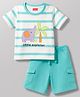 Babyhug Single Jersey Knit Half Sleeves Striped T-Shirt & Shorts Set With Animal Print - Aqua Blue