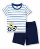 Kookie Kids Single Jersey Knit Half Sleeves Striped T-Shirt & Shorts With JCB Print - Blue