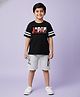 Kiddopanti Cotton Knit Half Drop Shoulder Sleeves Japan Text Printed Tee & Cargo Shorts Set - Black & Steel Grey