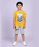 Kiddopanti Cotton Knit Half Drop Shoulder Sleeves Tokyo Theme Printed Tee & Shorts Set - Yellow & Grey Melange