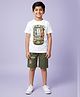 Kiddopanti Cotton Knit Half Drop Shoulder Sleeves Eiffel Tower Printed Tee & Shorts Set - White & Military Green