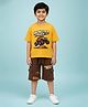 Kiddopanti Cotton Knit Half Drop Shoulder Sleeves Monster Truck Printed Tee & Cargo Shorts Set - Yellow & Brown