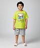 Kiddopanti Cotton Knit Half Sleeves New York Text Printed Tee & Shorts Set - Neon Green & Grey Melange