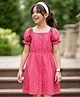 Pine Kids Schiffili Woven Half Puffed Sleeves Solid Colour Dress- Fuchsia