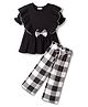 CrayonFlakes Cotton Knit Half Puffed Sleeves Bow Applique Frill Detailed Top & Pants Set -Black