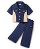 CrayonFlakes Knit Half Sleeves Colour Blocked Textured Shirt Style Top & Pants Set - Navy Blue