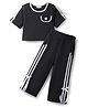CrayonFlakes Knit Half Sleeves Side Taped Bow Applique Detailed Crop Top & Pants Set - Black