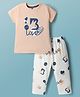 Teddy Single Jersey Knit Half Sleeves T-Shirt & Pant Set With Love Print - Peach