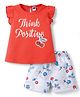 Teddy Single Jersey Knit Half Sleeves T-Shirt & Shorts With Text & Floral Print - Red
