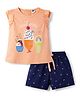 Teddy Single Jersey Knit Frill Sleeves T-Shirt & Shorts Set With Ice Cream Print - Orange