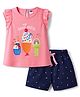 Teddy Single Jersey Knit Frill Sleeves T-Shirt & Shorts Set With Ice Cream Print - Pink