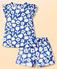 Teddy Single Jersey Knit Frill Sleeves T-Shirt & Shorts Set With Floral Print -Blue