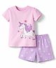 Babyhug Cotton Knit Half  Sleeves T-Shirt & Shorts Night Suit With Unicorn & Star Print - Pink
