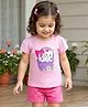 Babyhug Cotton Knit Half  Sleeves T-Shirt & Short  Night-Suit With Kitten & Polka Dots Print - Pink