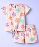 Teddy Sinker Knit Half Sleeves Floral Printed Co-Ords Top & Shorts Set - Peach