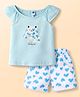 Teddy Sinker Knit Half Sleeves Kitty Printed Top & Shorts With Hearts Print - Light Blue