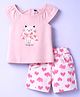 Teddy Sinker Knit Half Sleeves Kitty Printed T-Shirt & Shorts With Hearts Print - Pink