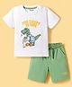 Honeyhap Premium 100% Cotton Half Sleeves Bio Finish T-Shirt & Shorts Night Suit with Dino Print - White & Turf Green
