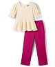 Pine Kids Cotton Knit Puffed Sleeves Peplum Top & Pant Set - Beige & Dark Pink