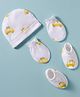 Babyhug 100% Cotton Knit Cap Mittens & Booties Set with Taxi Print White - Diameter 11 cm
