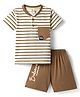 Mini Donuts Single Jersey Knit Half Sleeves Striped T-Shirt & Shorts Set with Text Print - Brown