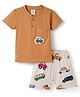 Mini Donuts Single Jersey Knit Half Sleeves T-Shirt & Shorts Set with Car Print & Patch - Brown