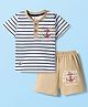 Mini Donuts Single Jersey Knit Half Sleeves Striped T-Shirt & Shorts Set with Anchor Print - Beige