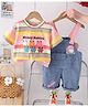 POP STREET KIDS Cotton Blend Denim Wings Applique Detailed Dungaree With Half Sleeves Striped Tee - Multi Colour