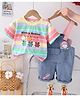 POP STREET KIDS Cotton Blend Denim Wings Applique Detailed Dungaree With Half Sleeves Striped Tee - Multi Colour