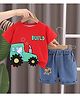 POP STREET KIDS Cotton Blend Knit Half Sleeves Tractor & Build Text Printed Tee & Shorts Set - Red