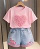 POP STREET KIDS Cotton Knit Half Sleeves Sequins Embellished & Pleated Frill Heart Applique Detailed Tee With Distressed Shorts Set - Pink
