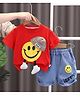 POP STREET KIDS Cotton Blend Knit Half Sleeves Smiley Printed Tee & Shorts Set - Red
