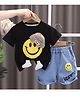 POP STREET KIDS Cotton Blend Knit Half Sleeves Smiley Printed Tee & Shorts Set - Black