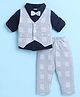 BUMZEE Cotton Woven Full Sleeves Checks 3 Piece Party Suit With Bow Applique - Navy Blue & Grey