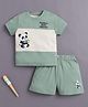 Bumzee Cotton Knit Half Sleeves Cut & Sew With Panda Print T-Shirt & Shorts Set - Green & Beige