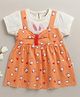 Bumzee Cotton Woven Cap Sleeves Rabbit Face Printed Dress - Orange & Cream