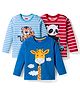Babyhug Cotton Knit Full Sleeves Striped T-Shirts with Animal Print Pack of 3 - Blue White & Red