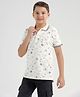 CHILINS Cotton Knit Half Sleeves Animals Printed Polo Tee - White