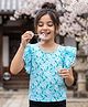 Pine Kids 100% Cotton Knit Half Sleeves Floral Printed Top - Light Blue