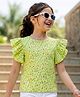 Pine Kids 100% Cotton Knit Half Frill Sleeves Floral Printed Top - Lime Green