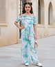 Cutiekins Georgette Woven Cold Shoulder Half Puffed Sleeves Tie Dye Jumpsuit - White & Turquoise
