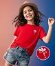 Kookie Kids Cotton Knit T-Shirt Round Neck Half Sleeves Red 7-8 Years with Floral Print