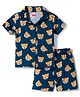 Babyhug Cotton Knit Half Sleeves Co-Ord Shirt & Shorts Night-Suit With Teddy Print - Navy Blue