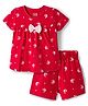 Babyhug Cotton Knit Half Sleeves Co-ords Top & Shorts Night Suit with Floral Print & Bow Applique - Red